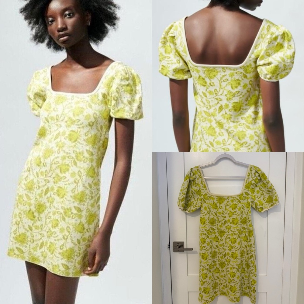 Zara Knit Floral Puff Sleeve Dress in Yellow